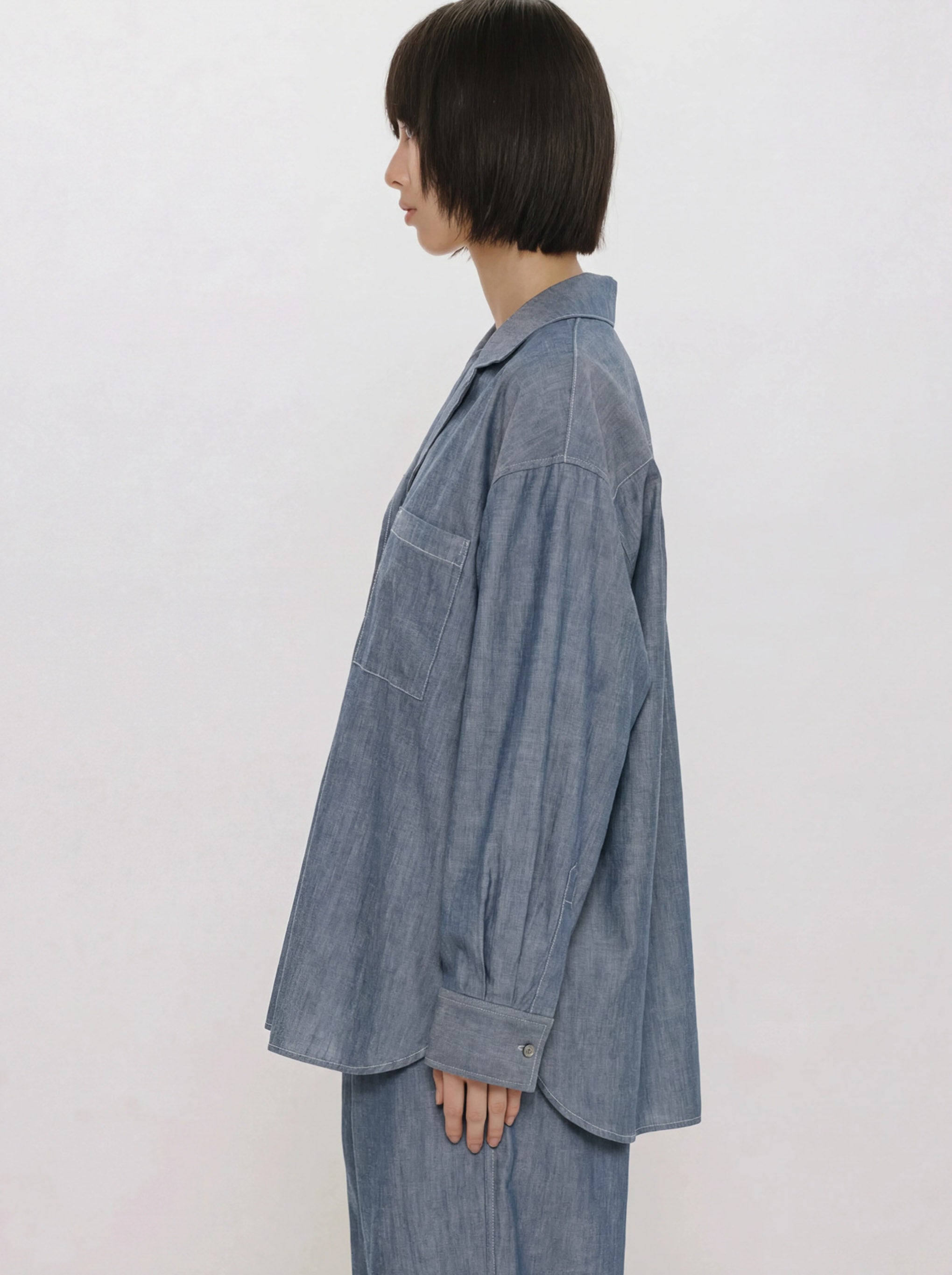 sheer denim open collar shirt(BLEACH)