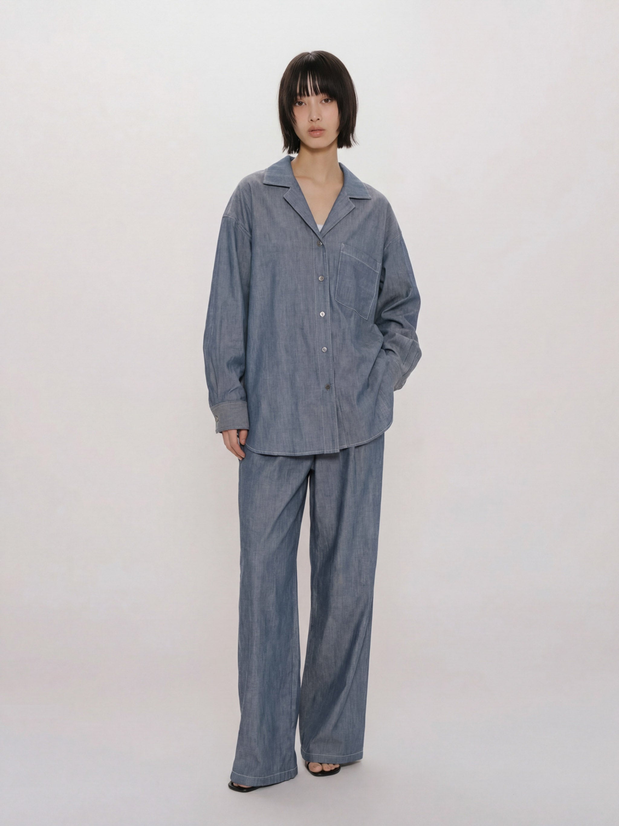 sheer denim open collar shirt(BLEACH)