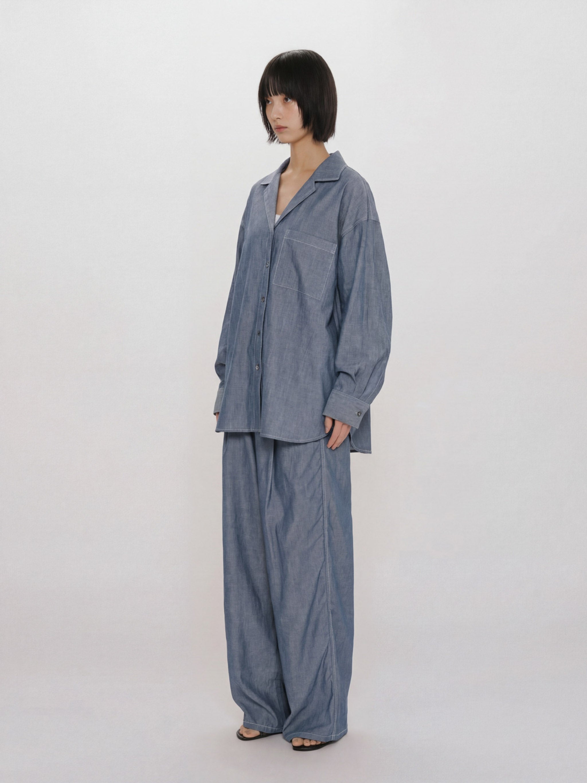 sheer denim open collar shirt(BLEACH)