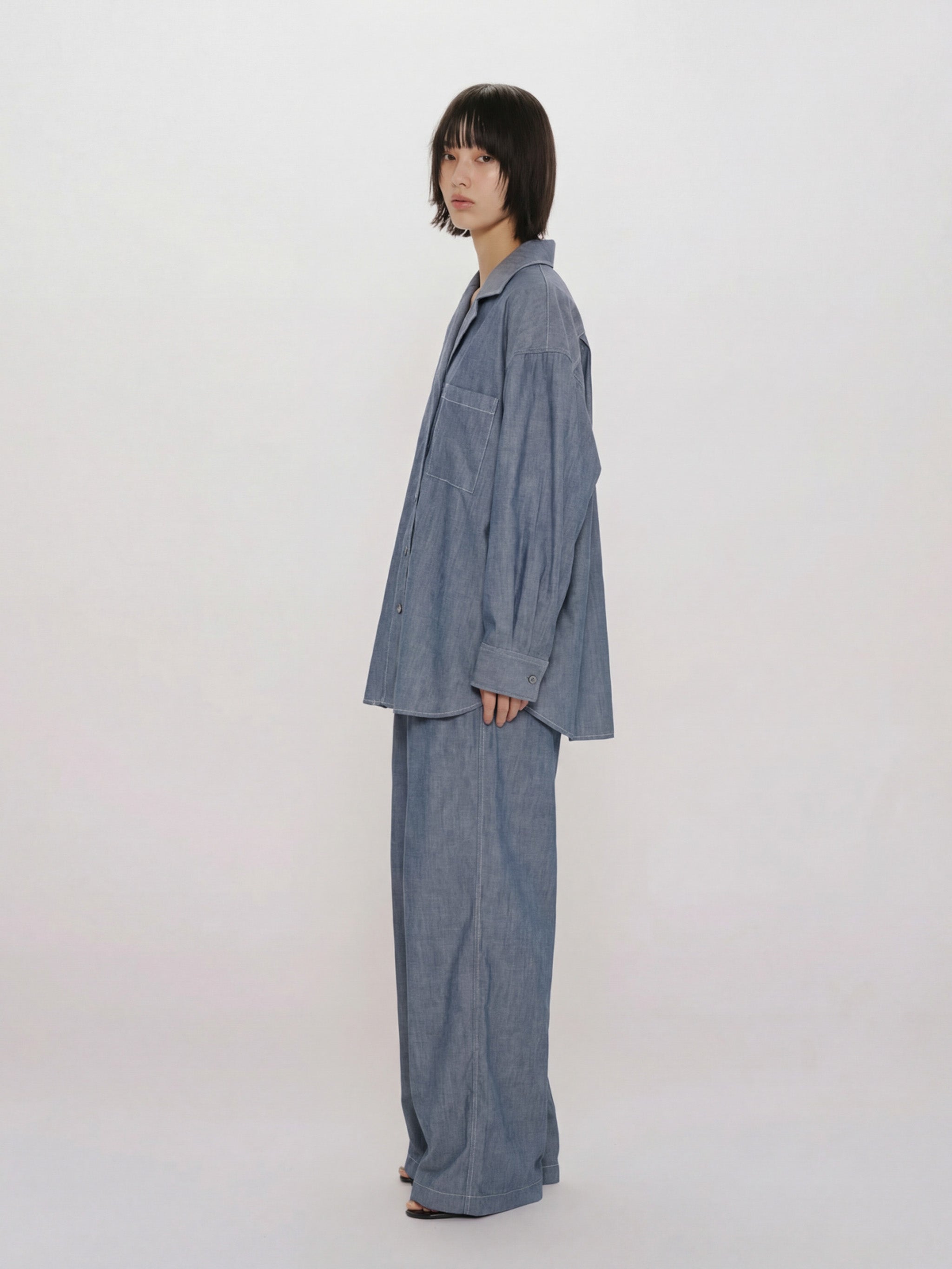 sheer denim open collar shirt(BLEACH)
