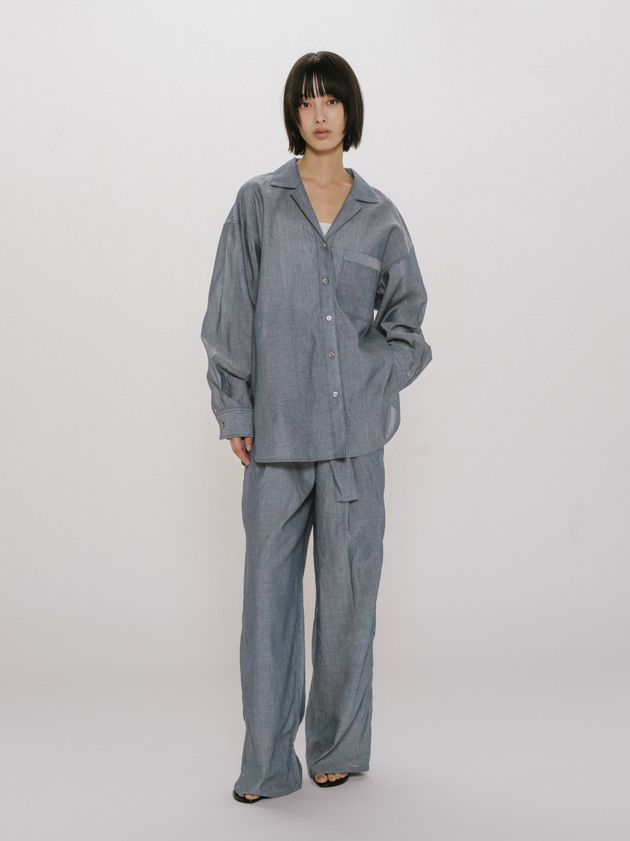 sheer denim open collar shirt