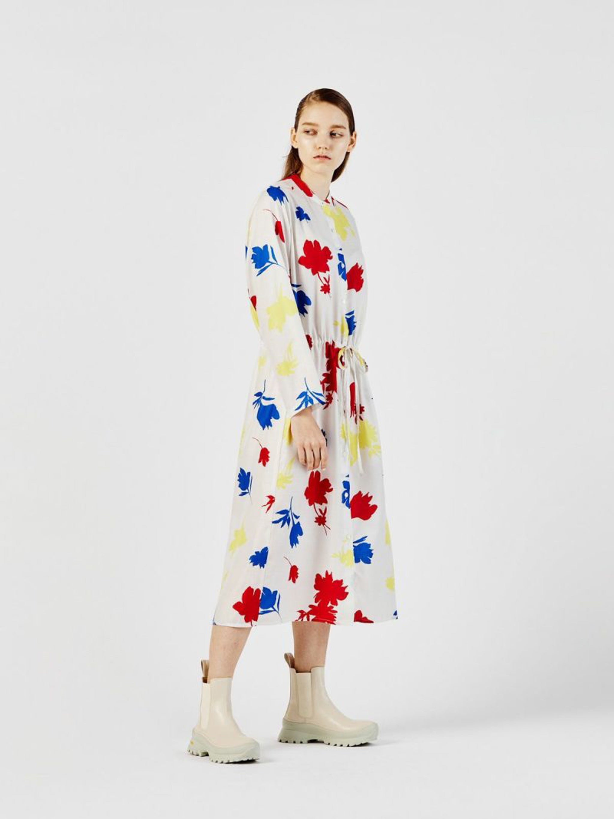 flower print stand collar shirt one-piece【3-1253】