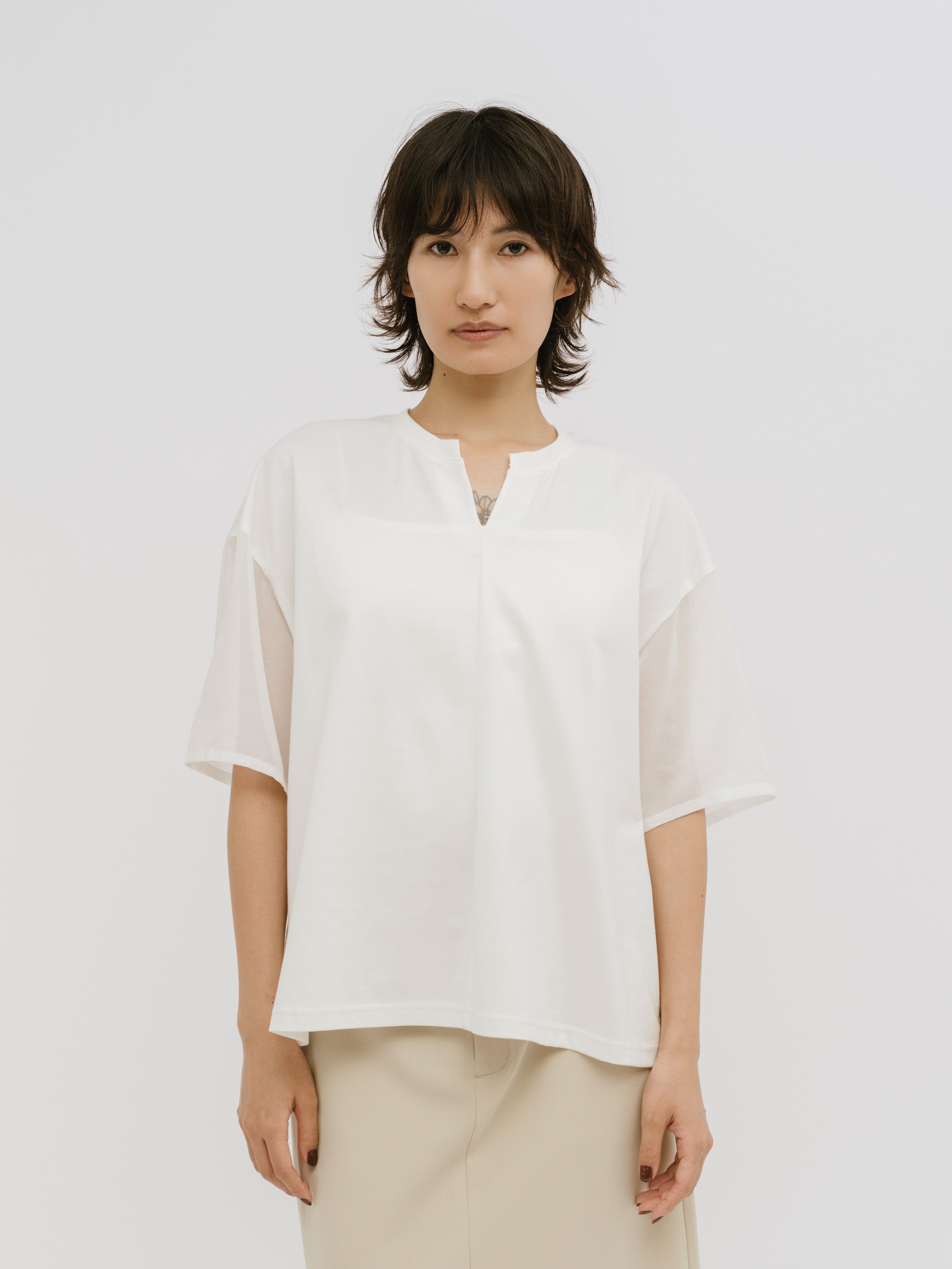 sheer sleeve v neck pullover