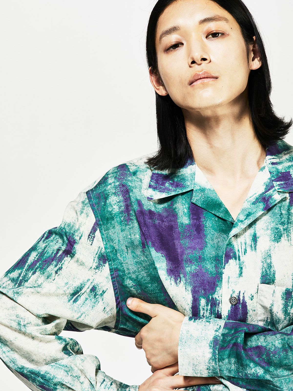 オープンカラー hazy print シャツ(3-1077)