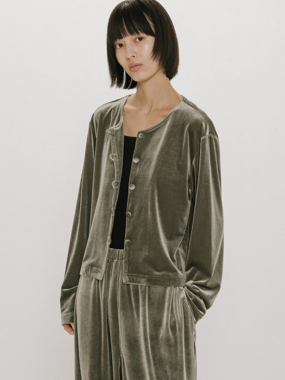 crew neck velour cardigan