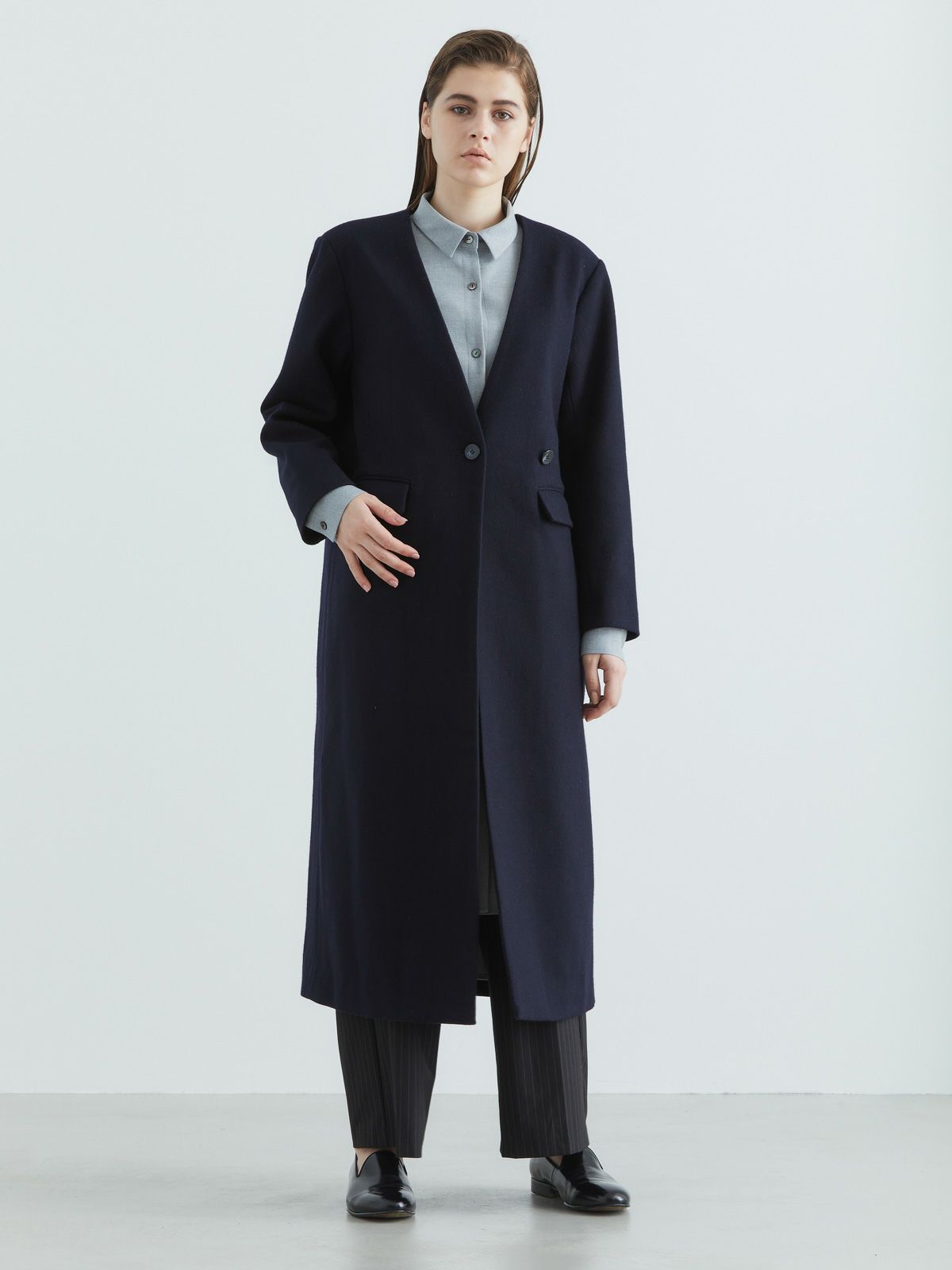 ノーカラーロングコート(3-1143)