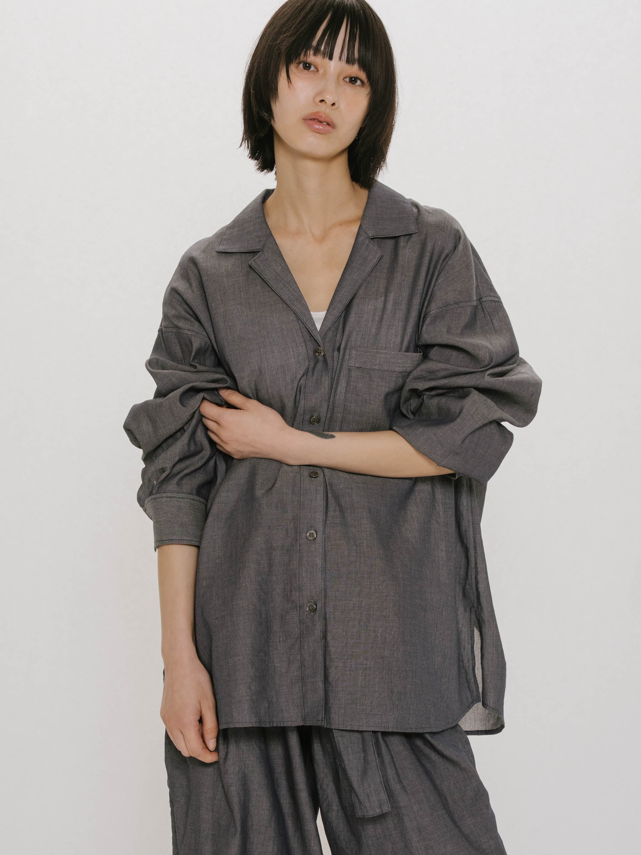 sheer denim open collar shirt
