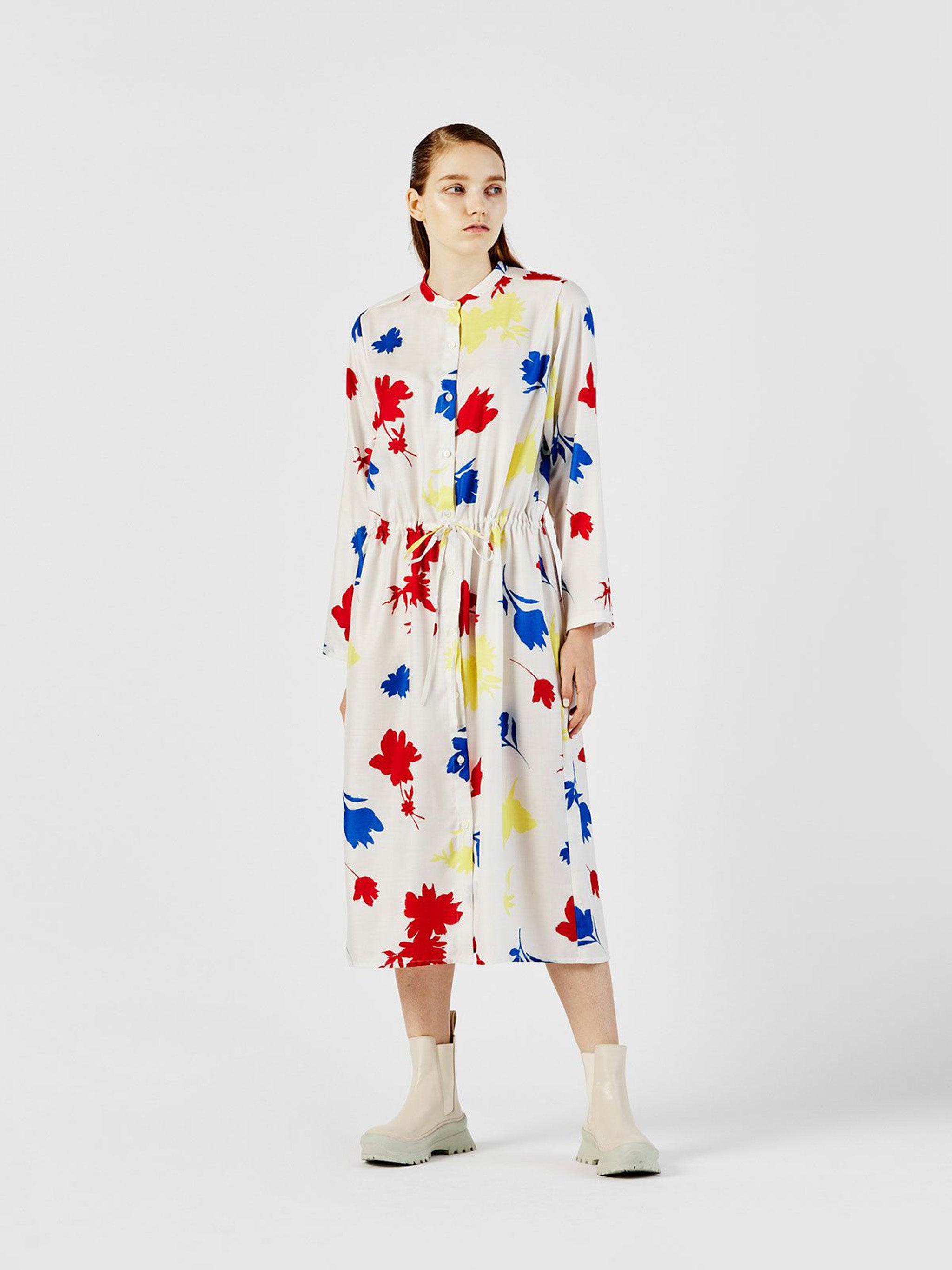 flower print stand collar shirt one-piece【3-1253】