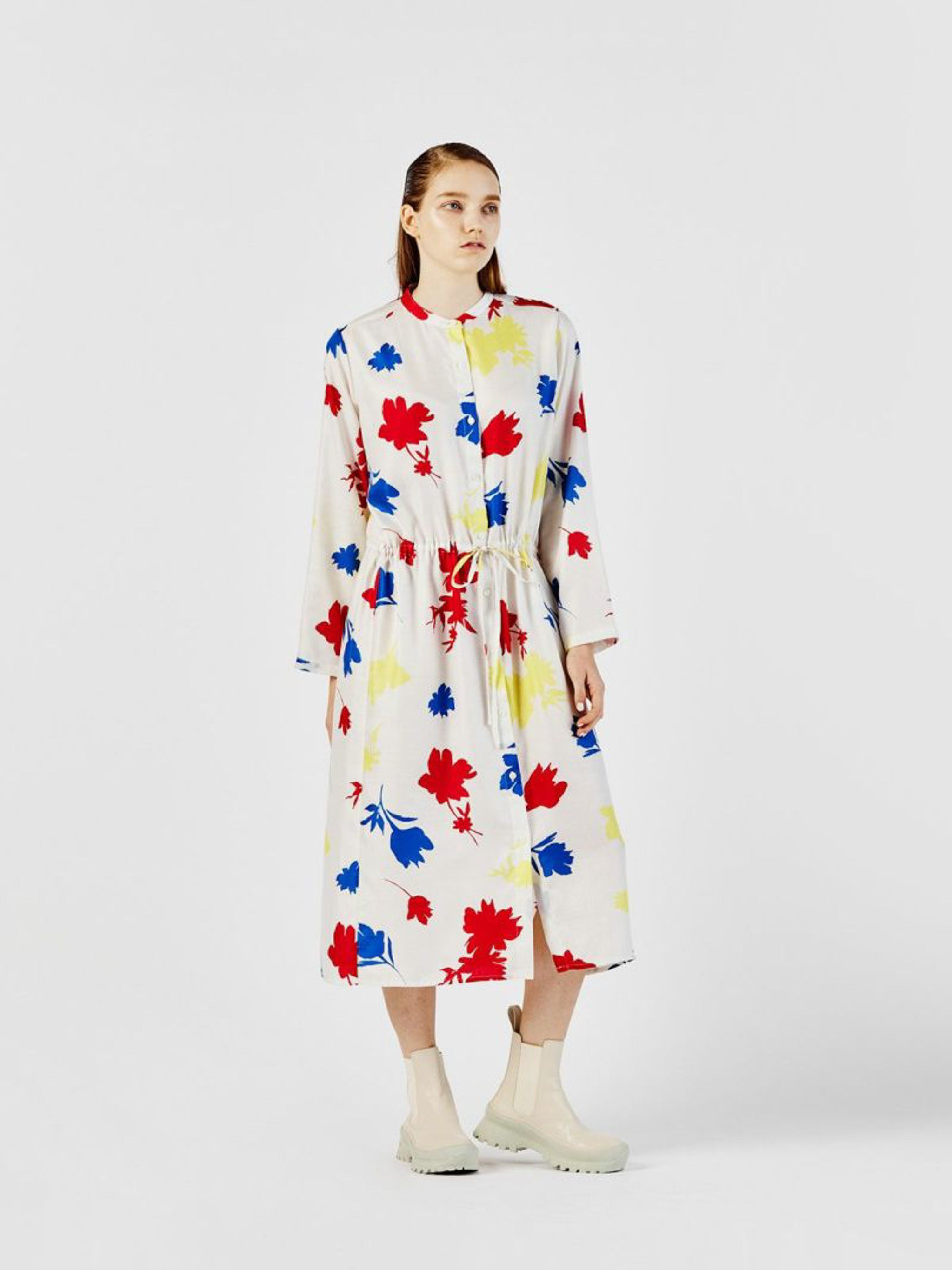 flower print stand collar shirt one-piece【3-1253】