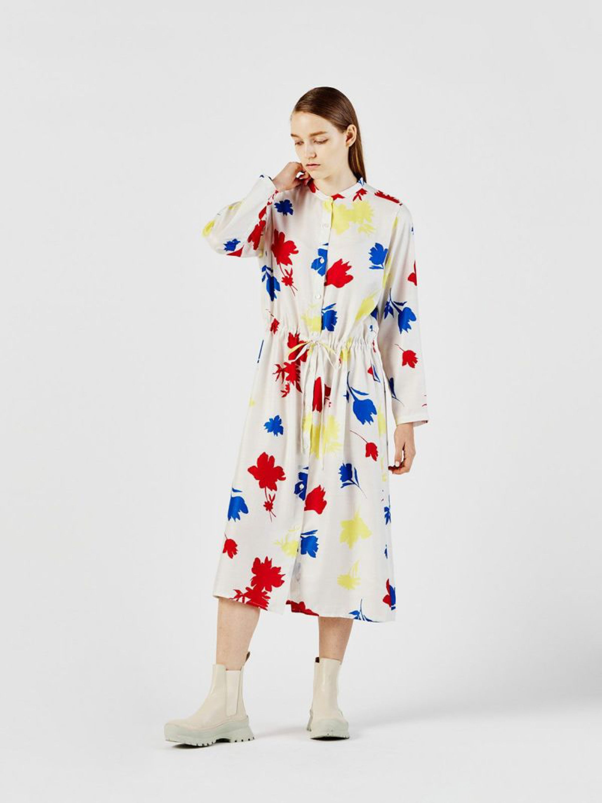 flower print stand collar shirt one-piece【3-1253】