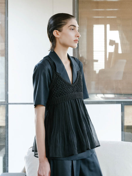 新品タグ付 ISSEY MIYAKE me フリンジキャミソール ブラック Woven Pleated Combined Camisole｜ニットプリーツキャミソール