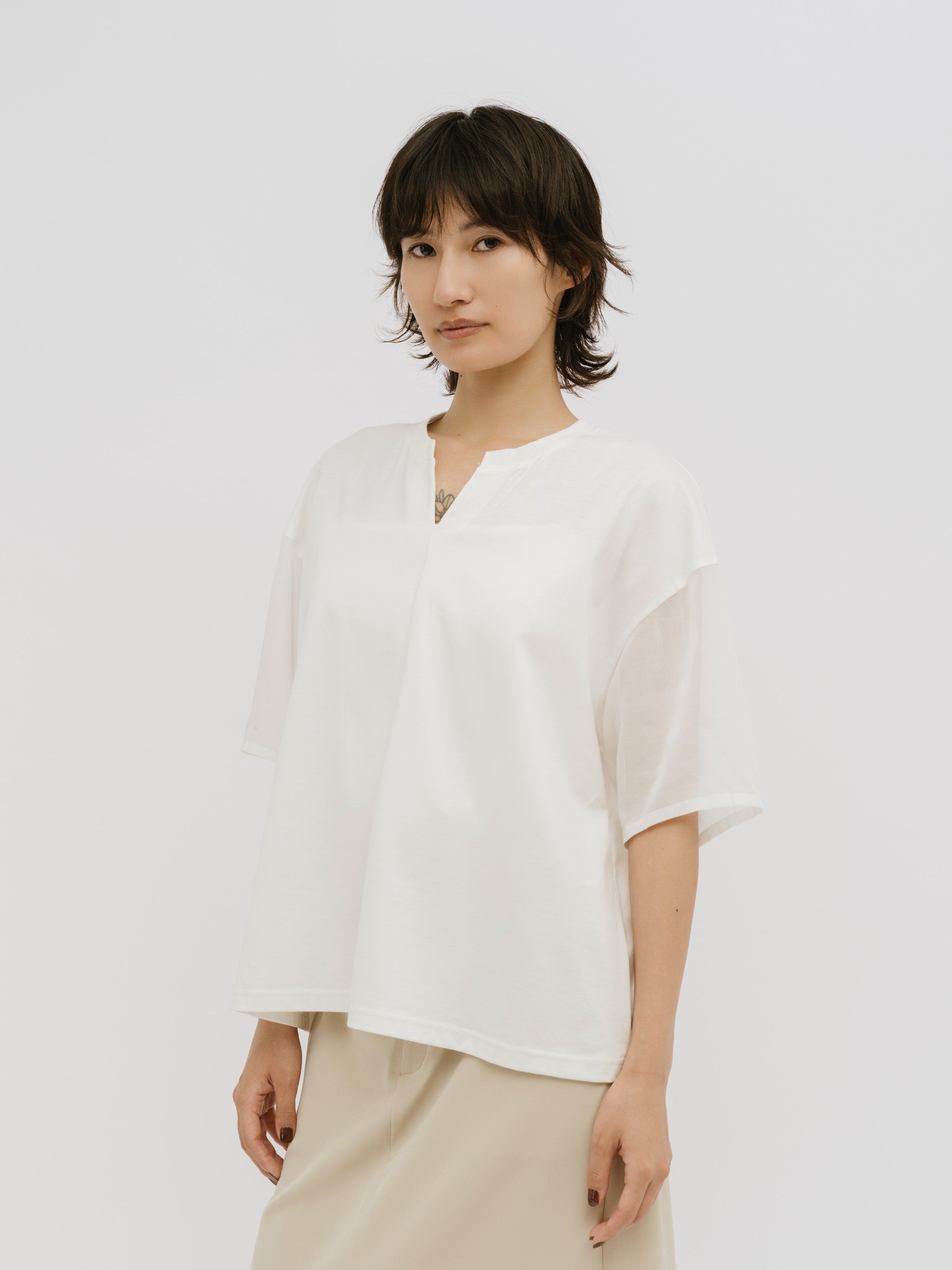 sheer sleeve v neck pullover