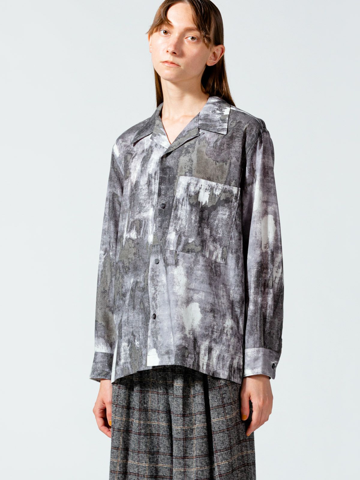 オープンカラー hazy print シャツ(3-1077)