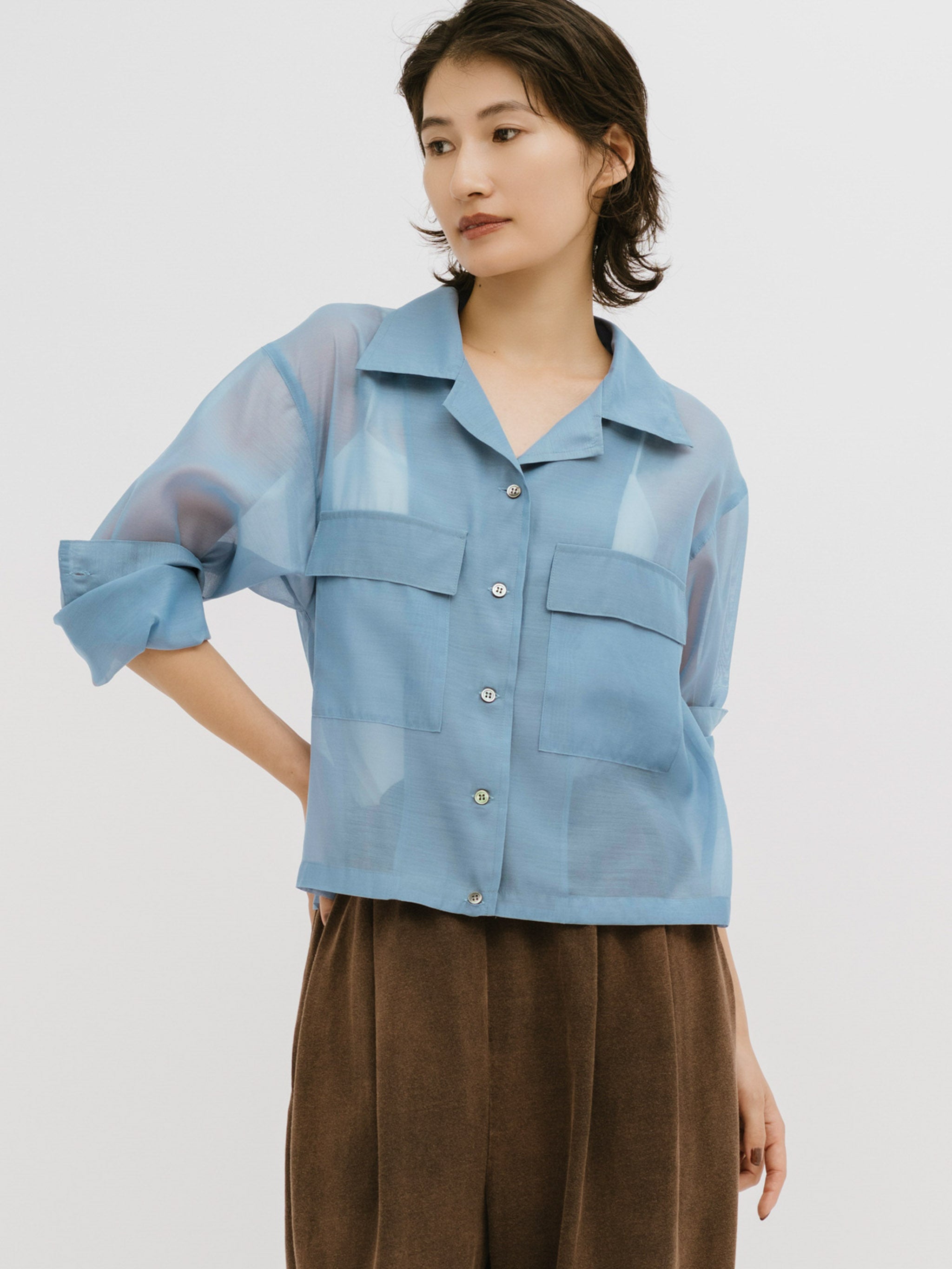 MIDIUMISOLID open collar sheer shirt